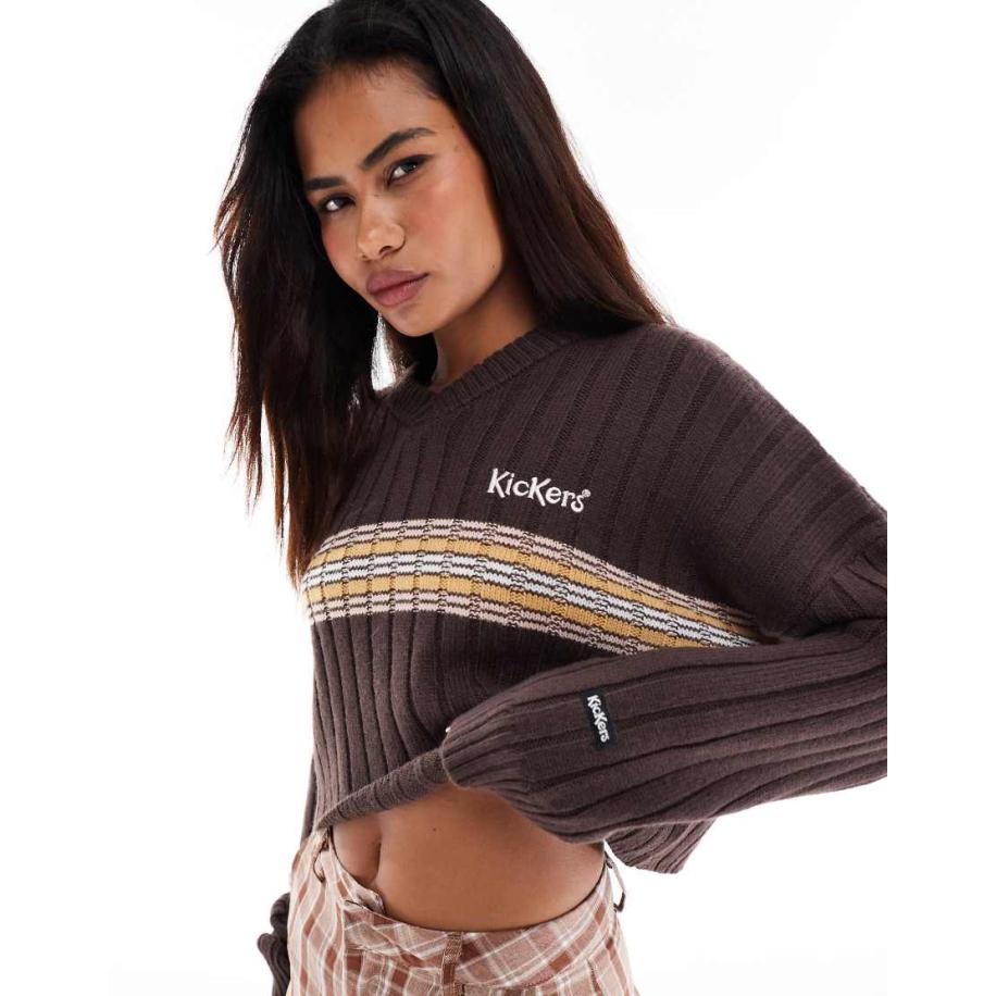 Kickers Gebreide cropped cricket trui met geborduurd logo in bruin-Veelkleurig Multicolor