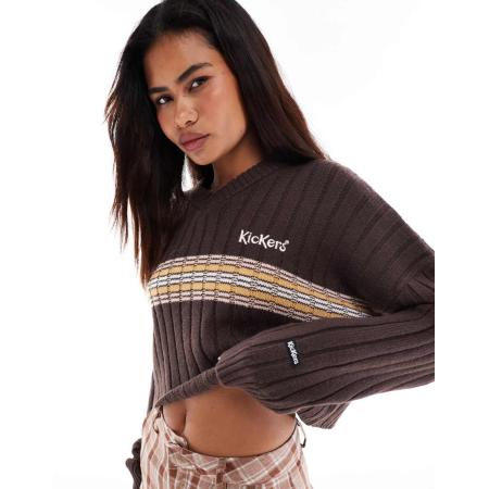 Kickers Gebreide cropped cricket trui met geborduurd logo in bruin-Veelkleurig