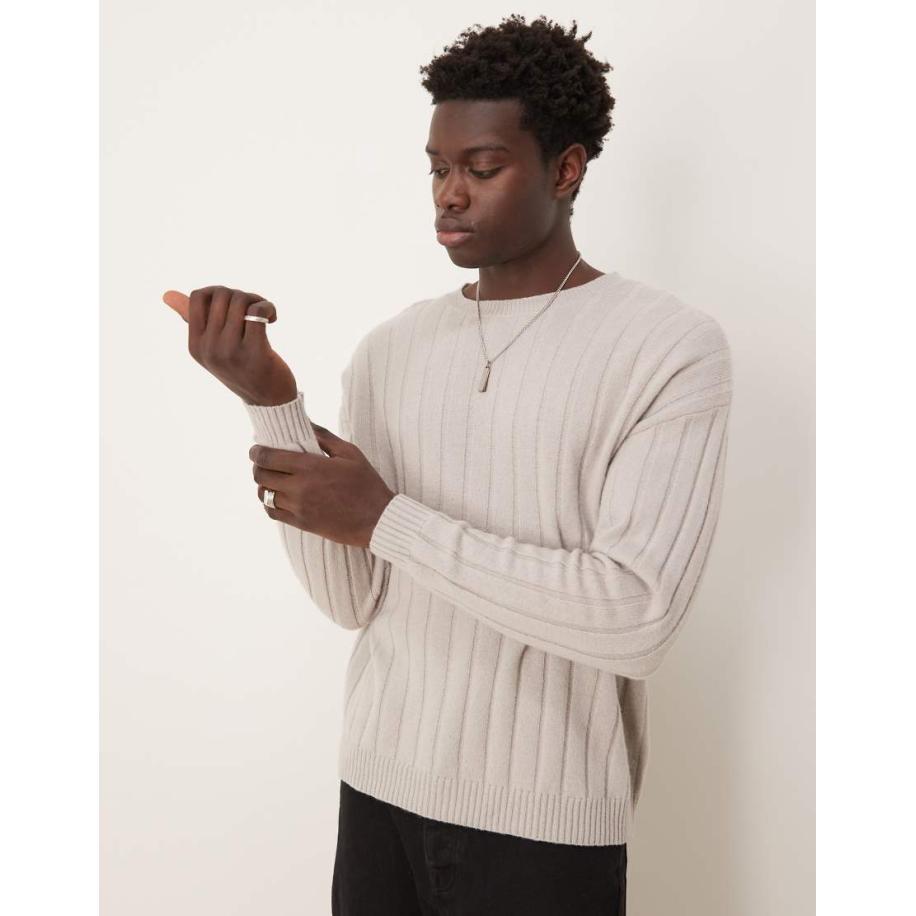 ASOS DESIGN - Ruimvallende gebreide trui van lamswolmix met brede ribbels in lichtgrijs Grijs