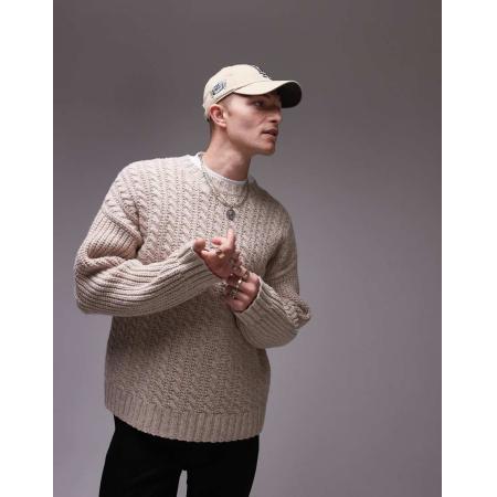 ARKET - Gebreide wollen trui met kabels in gemêleerd beige-Wit