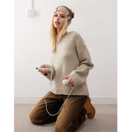 Monki Geribbelde trui met ronde hals in beige-Neutraal