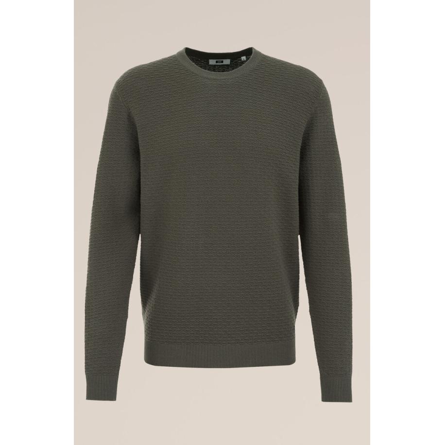 WE Fashion Heren Gebreide trui met structuur - Slim Fit - Legergroen - Katoen - Maat: M Groen