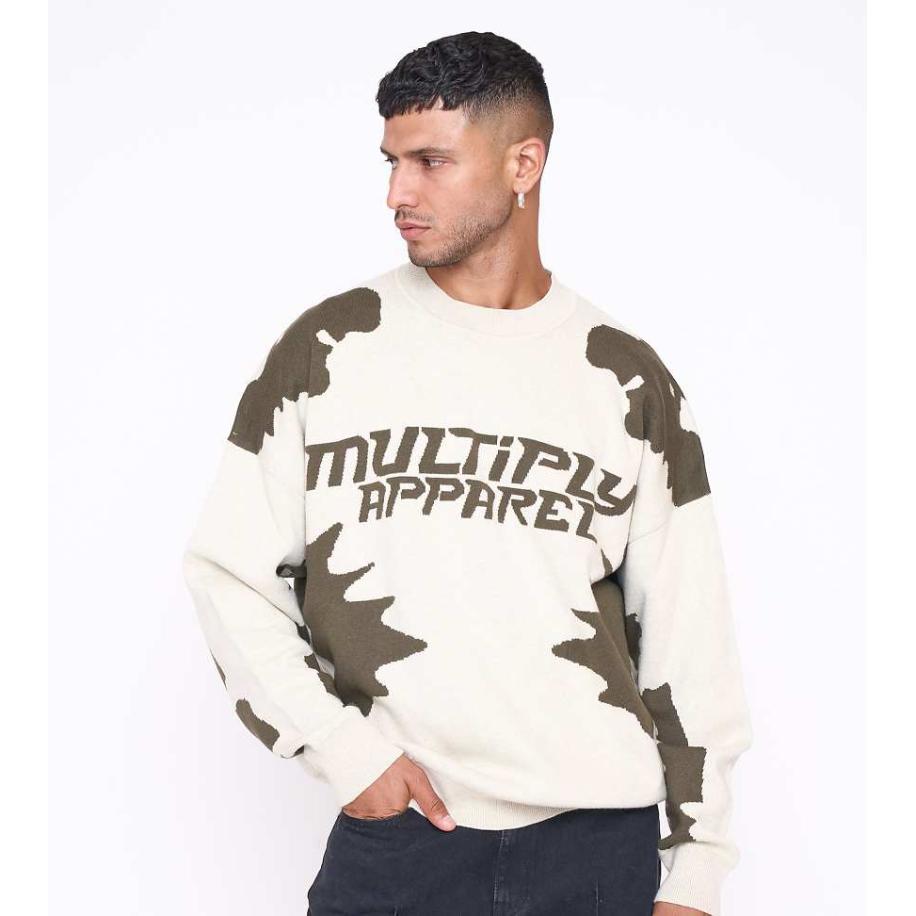 Multiply Apparel Urban Oversized gebreide sweater in wit en groen-Neutraal Multicolor