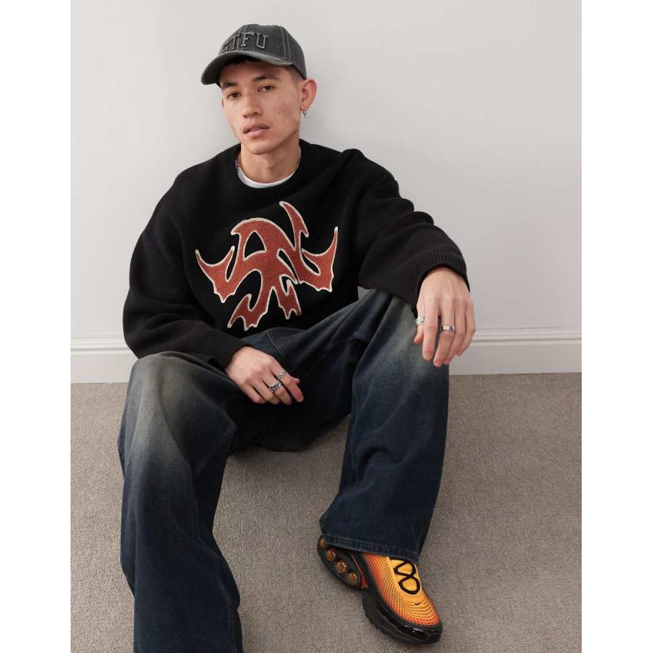 Weekday - Cypher - Oversized trui met rode jacquard print in zwart Zwart