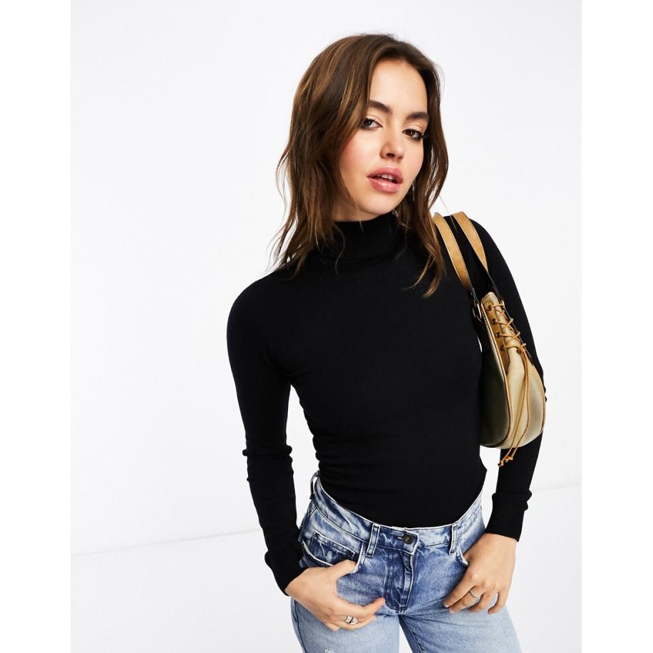 Object Gebreide top met lange mouwen en col in zwart Zwart