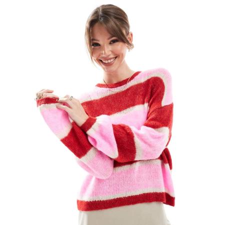 ONLY Lichtgewicht gebreide trui in rode en roze strepen-Rood