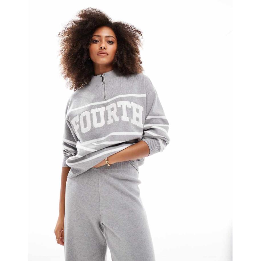 4th & Reckless Gebreide hoogsluitende trui met korte rits en logo in grijs gestreept, deel van co-ord set Grijs