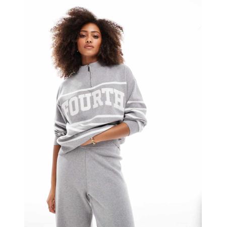 4th & Reckless Gebreide hoogsluitende trui met korte rits en logo in grijs gestreept, deel van co-ord set