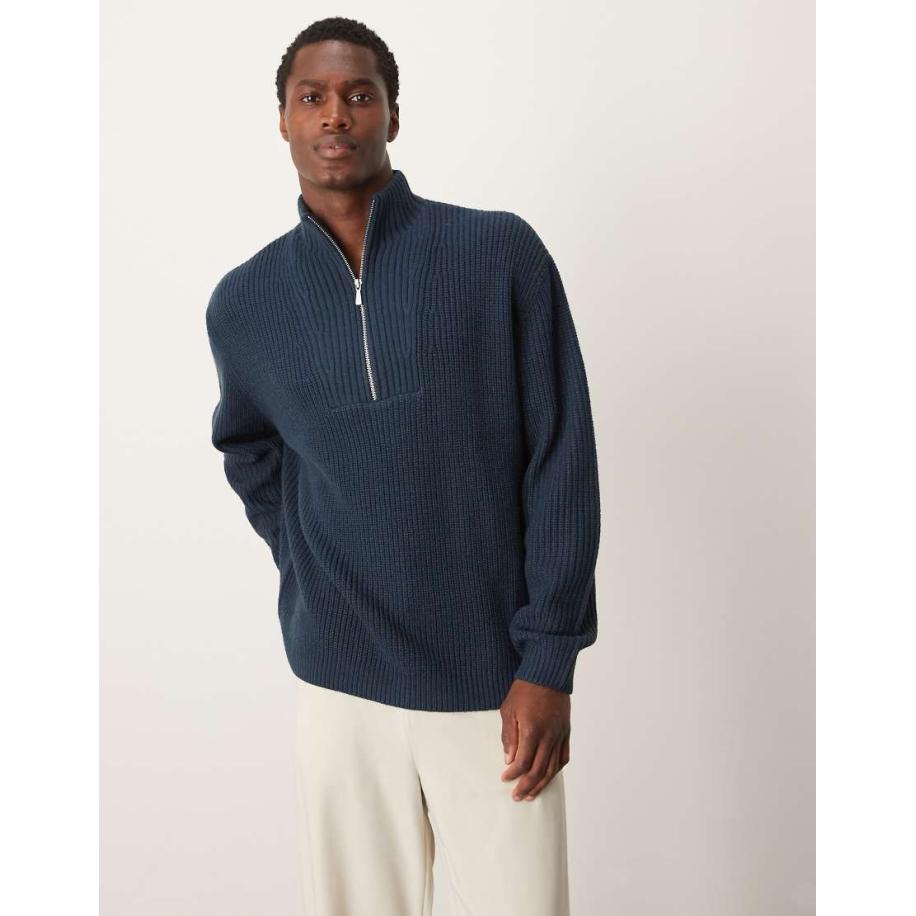 ASOS DESIGN - Oversized ribgebreide visserstrui met korte rits in marineblauw Blauw