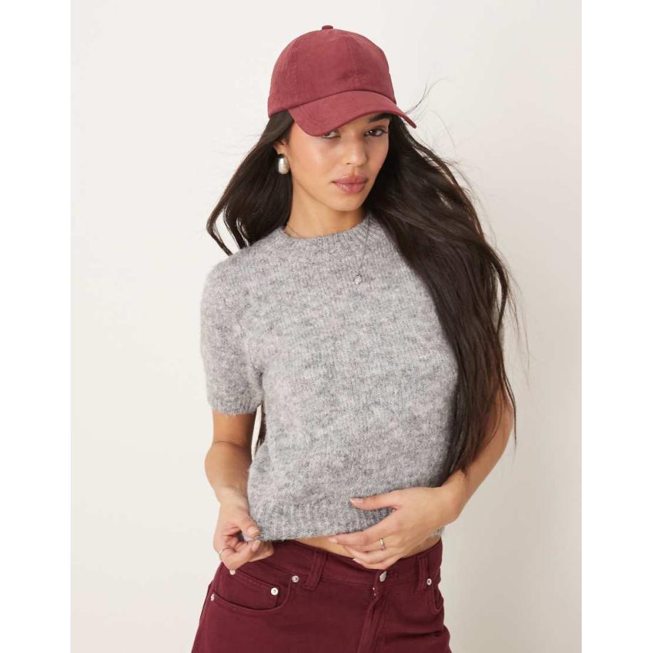 Gina Tricot Pluizige gebreide sweater met korte mouwen in gemêleerd grijs Grijs