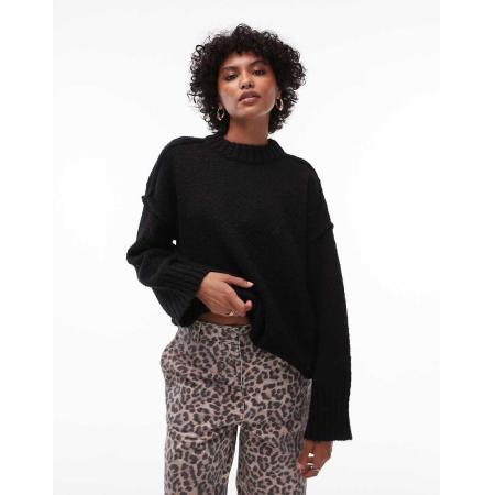 Topshop Pluizig gebreide, oversized trui met ribbels, zichtbare naad en ronde hals in zwart-Bruin