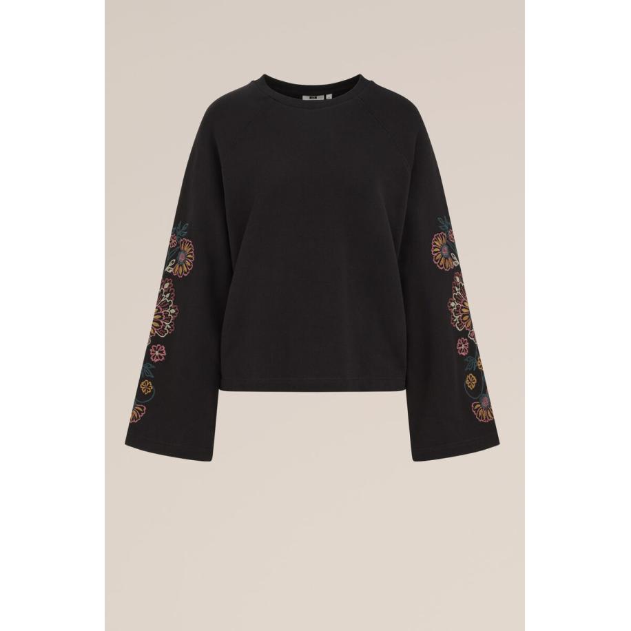 WE Fashion Dames Sweater met embroideries - Regular fit - Zwart - Katoen - Maat: M Zwart