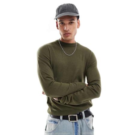 COLLUSION - Zachte gebreide trui met ronde hals in olijfgroen-Geen kleur