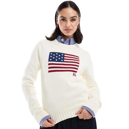 Polo Ralph Lauren Gebreide trui met vlag in crème-Wit