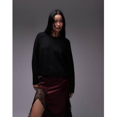 Topshop Geribbelde gebreide ruimvallende trui met ronde hals in zwart-Blauw