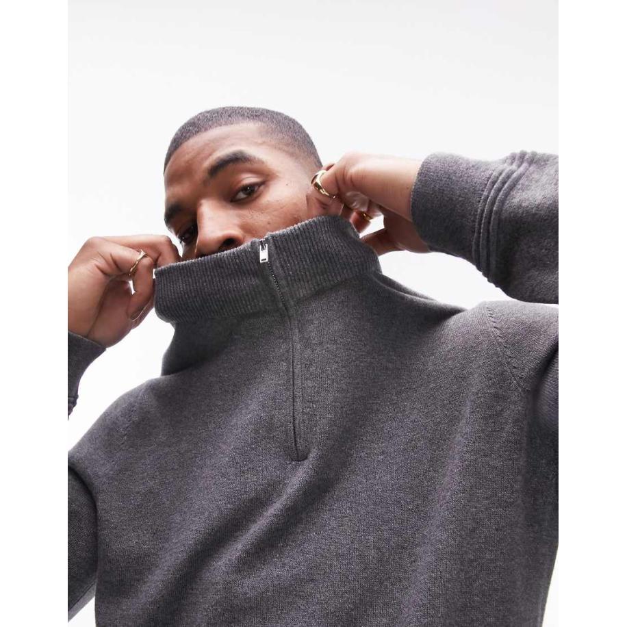 Topman - Essentials - Trui met 1/4 rits in antraciet-Grijs Grijs