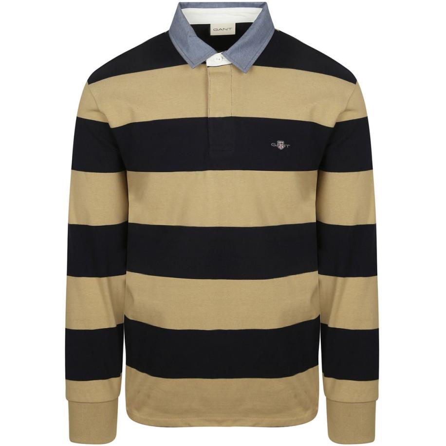 Gant Heavy Rugger Shield Longsleeve Polo Streep Navy Beige Blauw