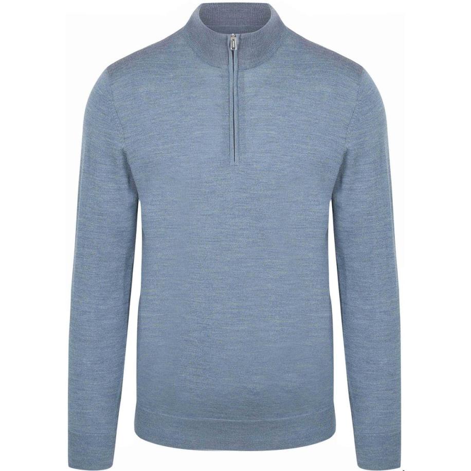 Profuomo Half Zip Pullover Merinowol Melange Blauw Blauw