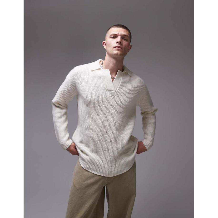 Topman - Ruimvallende trui van lamswol met ronde hals in ecru-Wit Wit