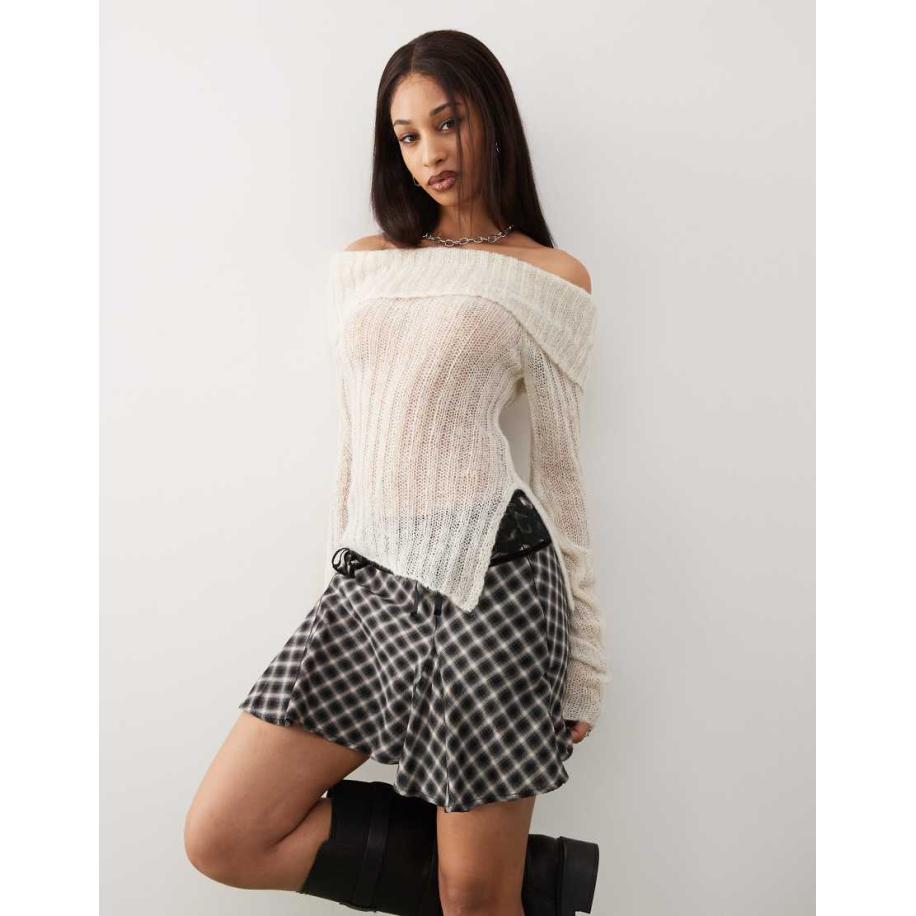 Monki Gebreide top met lange mouwen en blote schouders in lichtbeige-Neutraal Multicolor