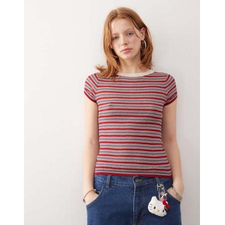 COLLUSION Gebreide top met korte mouwen in donkerrood-Grijs