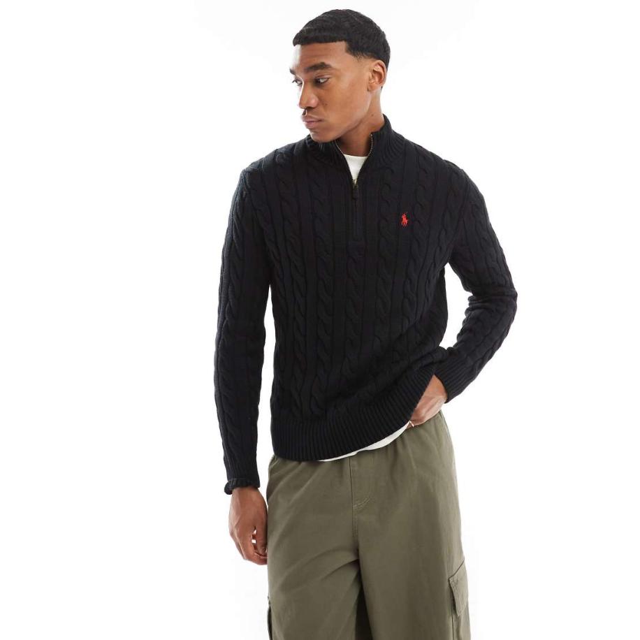 Polo Ralph Lauren - Gebreide kabeltrui van katoen met iconisch logo en korte rits in zwart Zwart
