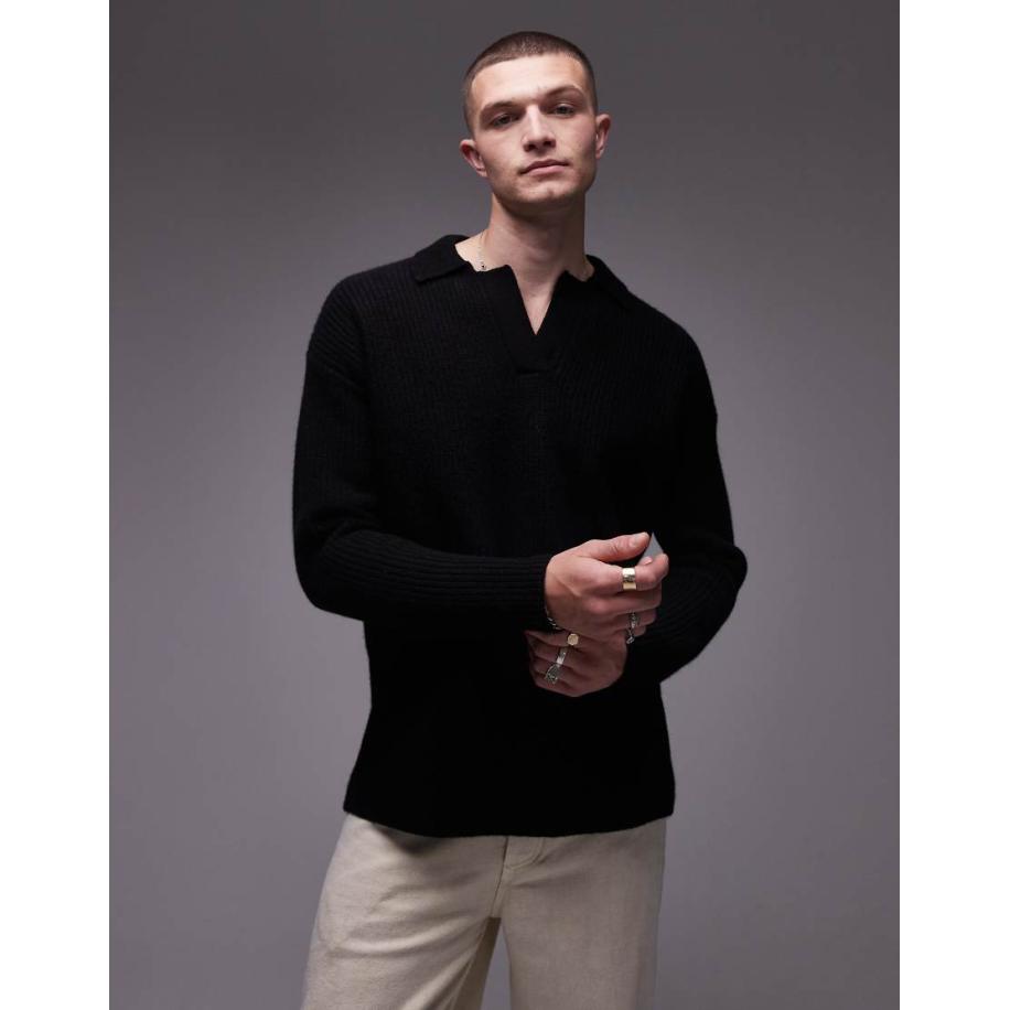Topman - Premium - Ruimvallende lamswollen trui met open kraag in zwart Zwart