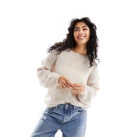 Only Trui met wijde hals en oversized mouwen in crème-Wit