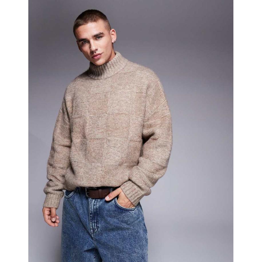 ASOS DESIGN - Oversized rechte gebreide trui met hoge hals in stone-Neutraal Multicolor