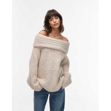Topshop Grofgebreide oversized trui met blote schouders in lichtbeige-Wit