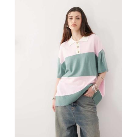 COLLUSION Gebreid gestreept rugbyshirt in roze en groen