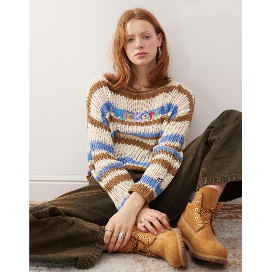 Kickers Losvallende, open gebreide trui met retro strepen-Veelkleurig Multicolor