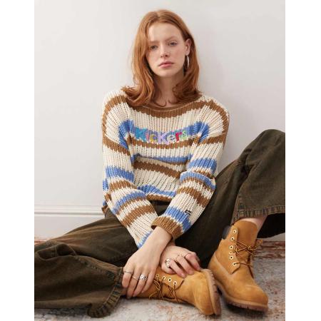 Kickers Losvallende, open gebreide trui met retro strepen-Veelkleurig
