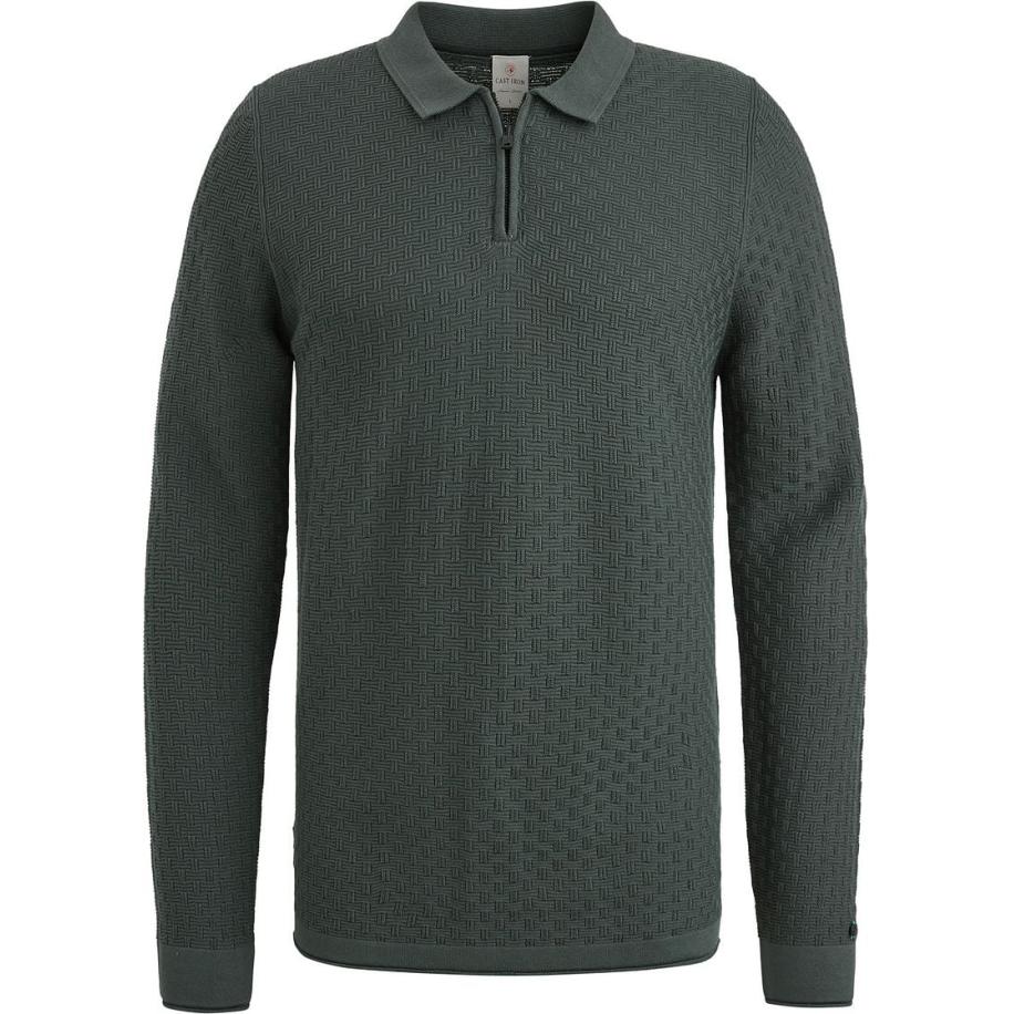 Cast Iron Long Sleeve Half Zip Poloshirt Structuur Groen Groen