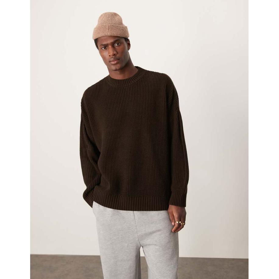 ASOS DESIGN - Super oversized geribbelde gebreide trui met rechte pasvorm in donkerbruin Bruin