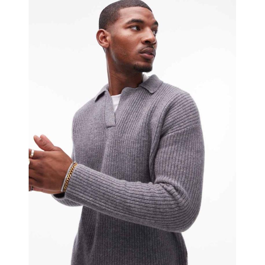 Topman - Premium - Ruimvallende lamswollen trui met open kraag in grijs Grijs