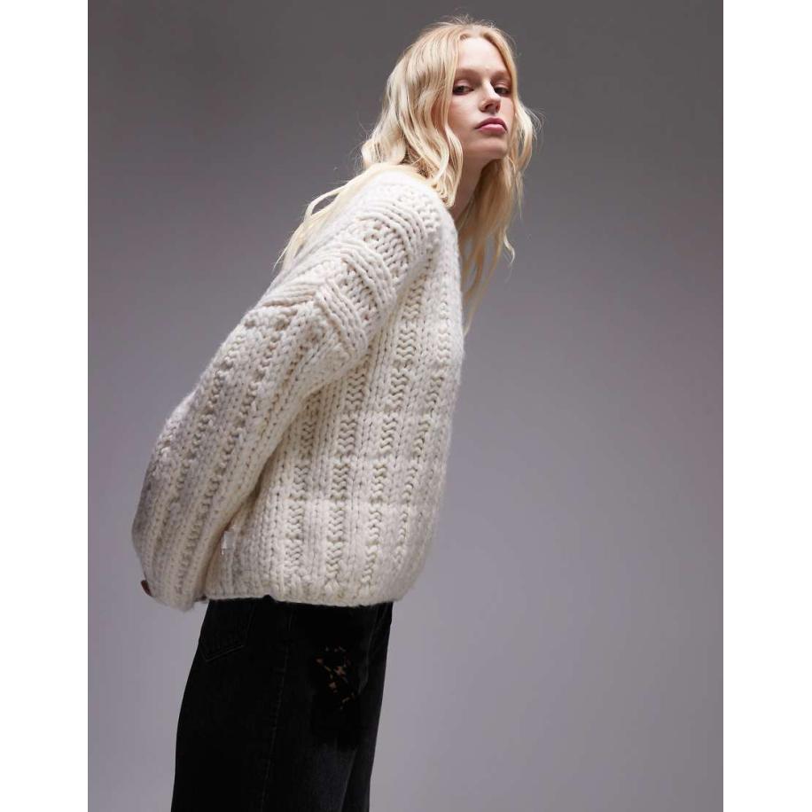 Topshop Premium Handgebreide oversized trui met opengewerkte steken in ivoorwit Wit