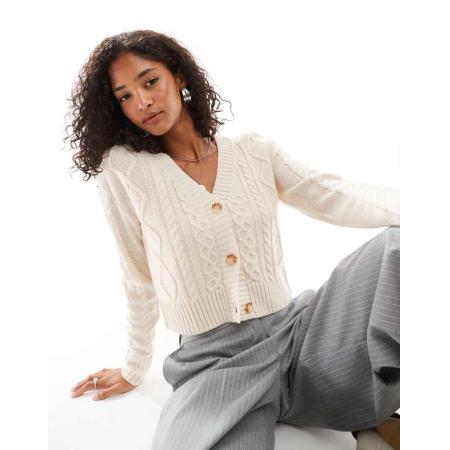 Threadbare Cropped gebreid vest met kabels in crème-Wit