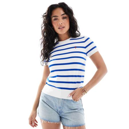 Polo Ralph Lauren Gestreepte gebreide top met korte mouwen in wit en blauw