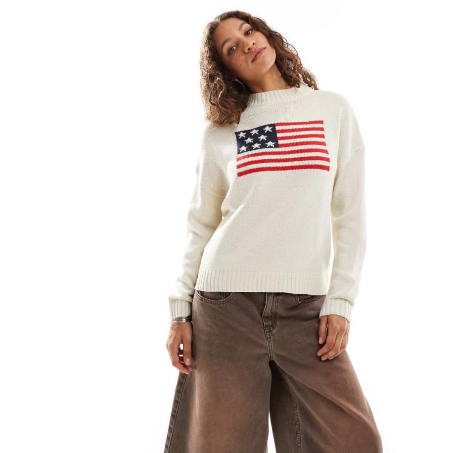 Daisy Street Gebreide oversized trui in crème met vlagborduursel-Wit Wit