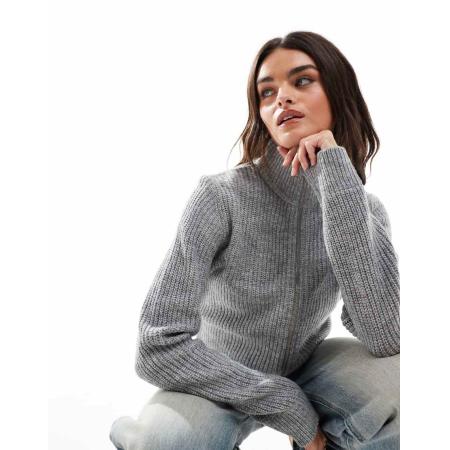 Threadbare Geribbelde trui met rits en hoge kraag in grijs