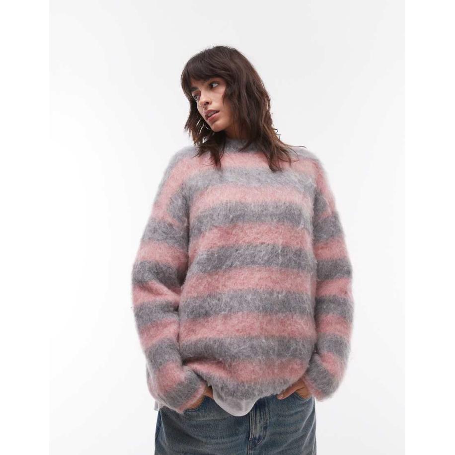 Topshop Ruimvallende pluizige gebreide trui met strepen in roze en grijs Roze
