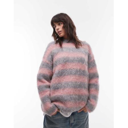 Topshop Ruimvallende pluizige gebreide trui met strepen in roze en grijs