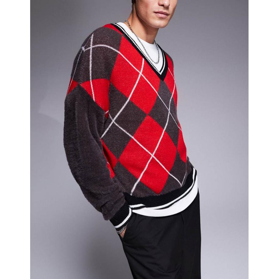 ASOS DESIGN - Oversized gebreide trui met ronde hals en Argyle-patroon in bruin en rood Bruin