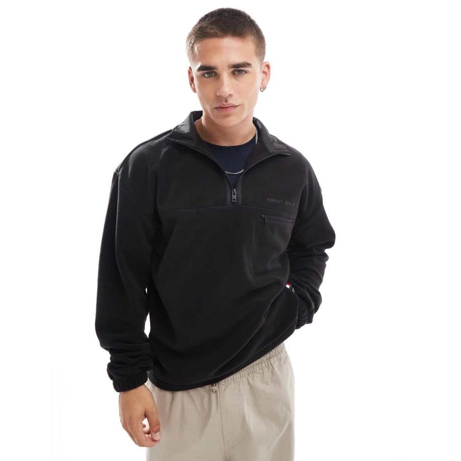 Tommy Jeans - Trui van polar fleece met 1/4 rits in zwart Zwart