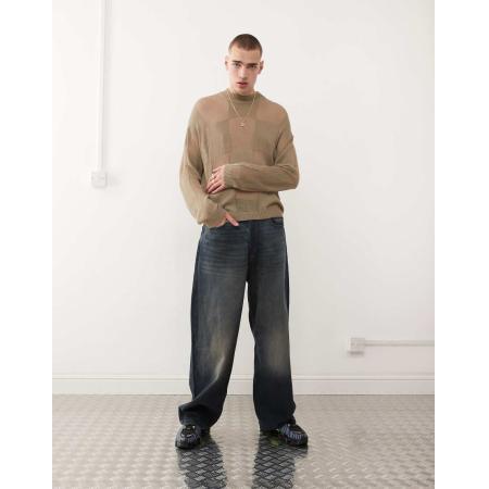 COLLUSION Unisex - Oversized gebreide trui met dambordpatroon in kaki-Groen