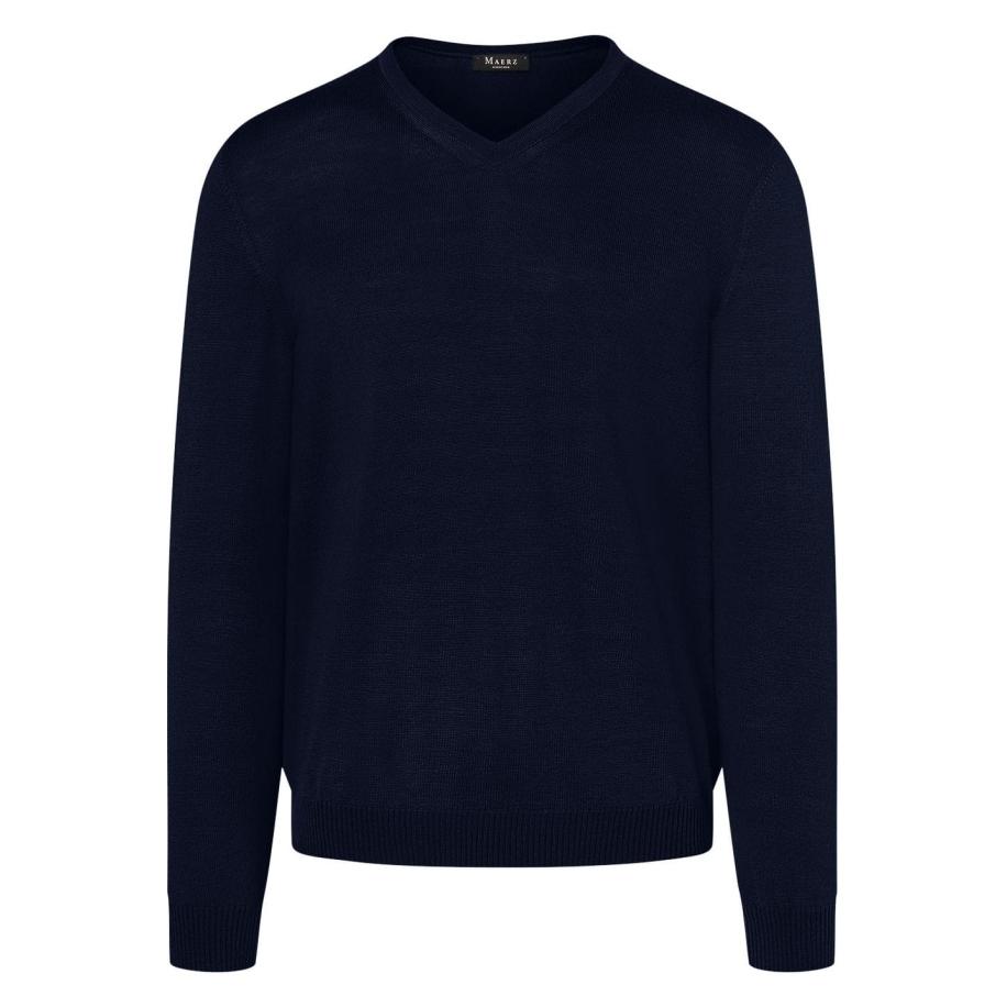 MAERZ Superwash Trui V-hals donkerblauw, Effen Blauw