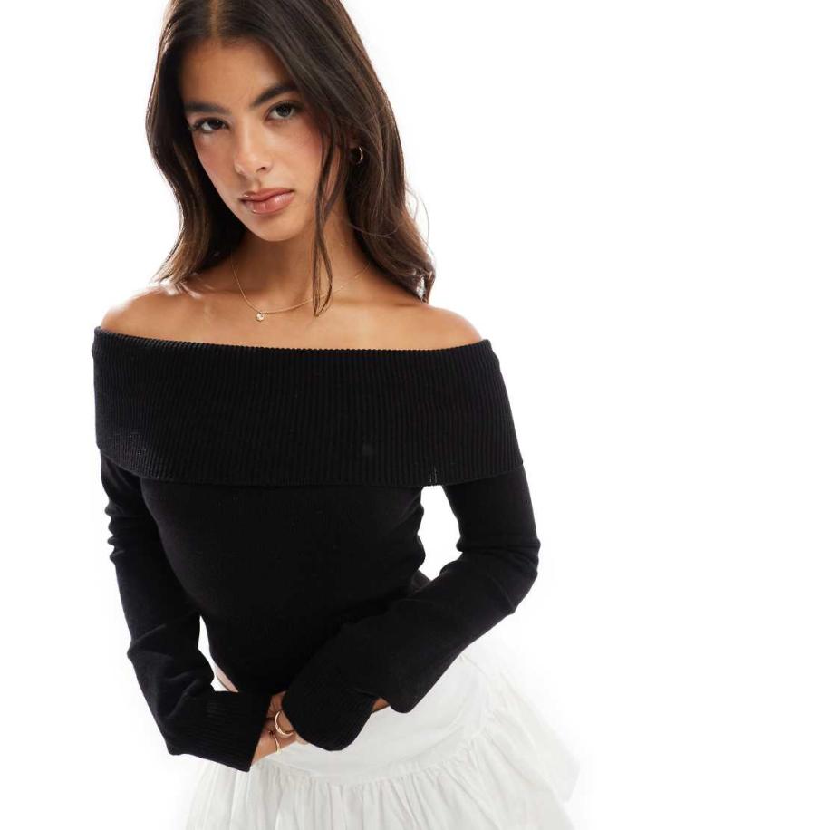 Bershka Gebreide bardot-trui in zwart Zwart