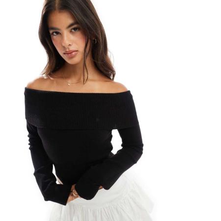 Bershka Gebreide bardot-trui in zwart