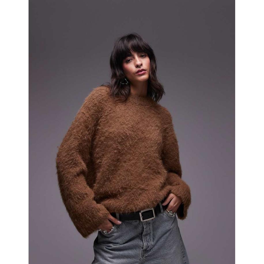 Topshop Gebreide ultra pluizige oversized trui in toffee-Bruin Bruin
